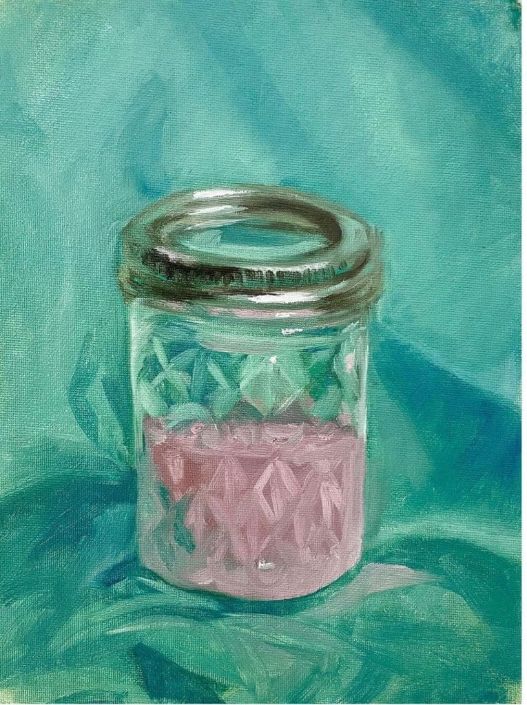 painting of a clear mason jar filled with a pink substance in front of a teal background